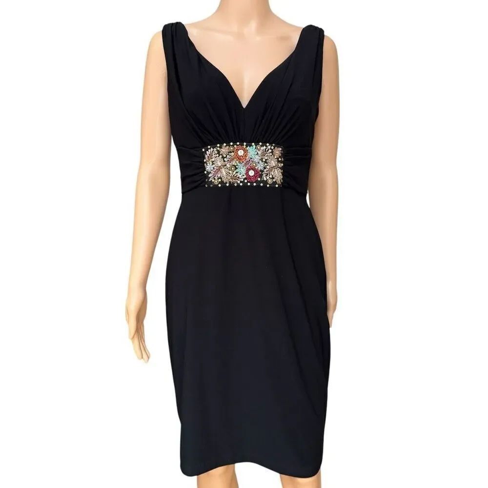 David Meister black stretch Dress Sleeveless V-Neck Beaded waist detail size 8